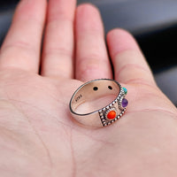Solid Oxidized 925 Sterling Silver & Mixed Gemstone Band Ring