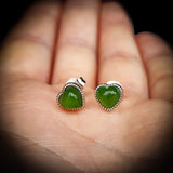 Nephrite Jade / Greenstone & Solid 935 Silver Heart Stud Earrings