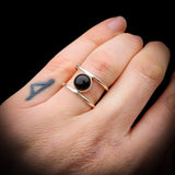 (T) Rustic Handmade Solid 925 Sterling Silver & Natural Black Onyx Double Band Ring