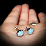 Natural Larimar & Solid 925 Sterling Silver Oval Stud Earrings