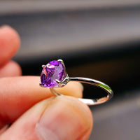 Solid 925 Sterling Silver & Natural Amethyst 8mm Faceted Clawed Signet Ring