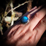 (Q) Solid 925 Sterling Silver & Natural Labradorite Round Handmade Ring