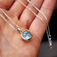 Solid 925 Sterling Silver & 10mm Sky Blue Topaz Square Pendant Necklace