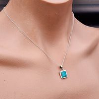 Solid 925 Sterling Silver & Natural Turquoise Square Pendant Necklace