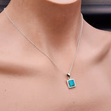 Solid 925 Sterling Silver & Natural Turquoise Square Pendant Necklace