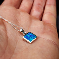 Solid 925 Sterling Silver & 11mm Square Created Blue Opal Pendant Necklace