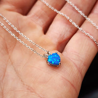 Solid 925 Sterling Silver & Created Blue Opal 7mm Heart Pendant Necklace
