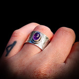 (Q) Solid 925 Sterling Silver & Natural Amethyst Textured Wide Band Ring