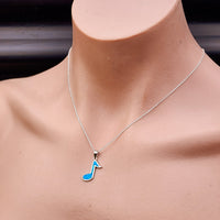 Solid 925 Sterling Silver & Created Blue Opal Music Note Pendant Necklace