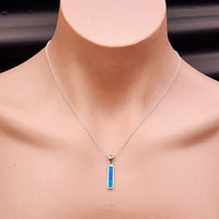 Solid 925 Sterling Silver & Created Blue Opal Rectangle Pendant Necklace