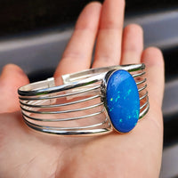 Solid 925 Sterling Silver & Created Opal Cage Cuff Bracelet