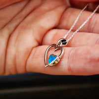 Solid 925 Sterling Silver & Created Blue Opal Double Heart Pendant Necklace