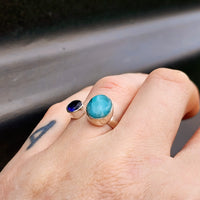 (Q) Solid 925 Sterling Silver & Natural Larimar With Blue Topaz Double Stone Ring