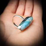 (Y) 925 Sterling Silver & Natural Larimar Long Oval Handmade Ring