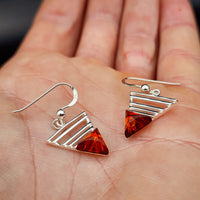 Solid 925 Sterling Silver & Natural Amber Triangle Hook Earrings