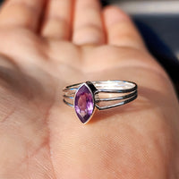 Solid 925 Sterling Silver & Natural Amethyst 3 Bar Cage Ring