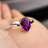 (M) Solid 925 Sterling Silver & Natural Amethyst Clawed Pear Ring