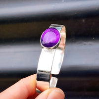 Solid 925 Sterling Silver & Natural Amethyst Oval Cuff Bracelet