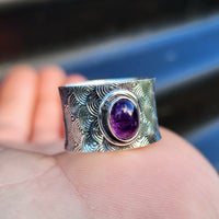 Solid 925 Sterling Silver & Natural Amethyst Textured Wide Band Ring
