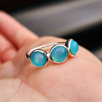 (R) Solid 925 Sterling Silver & Natural Aqua Chalcedony 3 Setting Ring