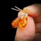 Solid 925 Sterling Silver & Cognac Amber Hanging Waterdrop Earrings