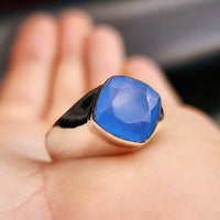 (V) Solid 925 Sterling Silver & Natural Chalcedony Handmade Diamond Cut Ring