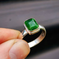 Rustic Solid 925 Sterling Silver & Natural Emerald Handmade Rectangle Ring