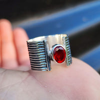 (R) Solid 925 Sterling Silver & Natural Garnet Cuff Ring