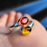 Solid 925 Sterling Silver & Natural Garnet & Citrine Double Stone Ring