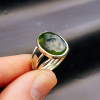 (T) Solid 925 Sterling Silver & Natural Greenstone Handmade 3 Bar Cage Ring