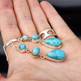 925 Sterling Silver & Natural Larimar 3x Setting Handmade Hanging Hook Earrings