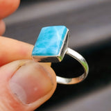 Solid 925 Sterling Silver & Natural Larimar Handmade Rectangle Ring