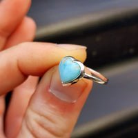 (Q) Solid 925 Sterling Silver & Natural Larimar Heart Ring