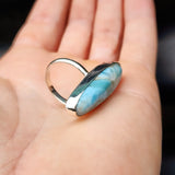925 Sterling Silver & Natural Larimar Long Oval Handmade Ring