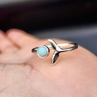 Adjustable Solid 925 Sterling Silver & Natural Larimar Whale Tail Ring