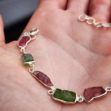 Solid 925 Sterling Silver & Natural Raw Mixed Tourmaline Chain Bracelet