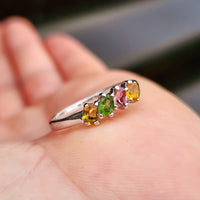 Solid 925 Sterling Silver & Natural Mixed Tourmaline 4x Setting Band Ring