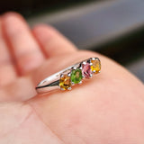 Solid 925 Sterling Silver & Natural Mixed Tourmaline 4x Setting Band Ring