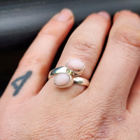 (Q) Solid 925 Sterling Silver & Natural Pink Opal Handmade Double Stone Ring