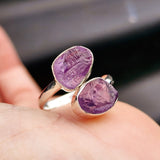 (Adjustable) 925 Sterling Silver & Natural Raw Amethyst Double Stone Ring