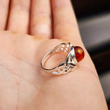 (O) Solid 925 Sterling Silver & Natural Round Amber Celtic Ring