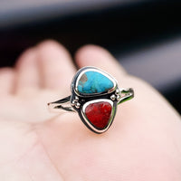 Solid 925 Sterling Silver & Natural Turquoise With Red Coral Double Stone Ring