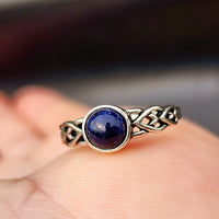 (Q) Solid 925 Oxidized Sterling Silver & Natural Sodalite Celtic Band Ring