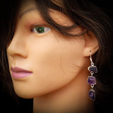 Rustic Sterling Silver & Natural Raw Amethyst Handmade 3x Setting Hanging Earrings