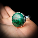 (Q) Solid 925 Sterling Silver & Natural Malachite Round Solitaire Handmade Ring