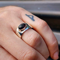 (T) Solid 925 Sterling Silver & Natural Garnet Wide Cuff Ring