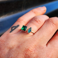 Solid 925 Sterling Silver With Natural Emerald & Topaz Double Setting Ring