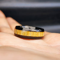 Size Y, T - Black & Wood Center Stainless Steel Band Ring