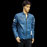 Blue Beetle - Mens REAL Genuine Leather Jacket - Blue & White Stripe