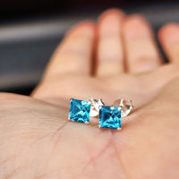 6mm Blue CZ & Solid 925 Sterling Silver Faceted Square Stud Earrings